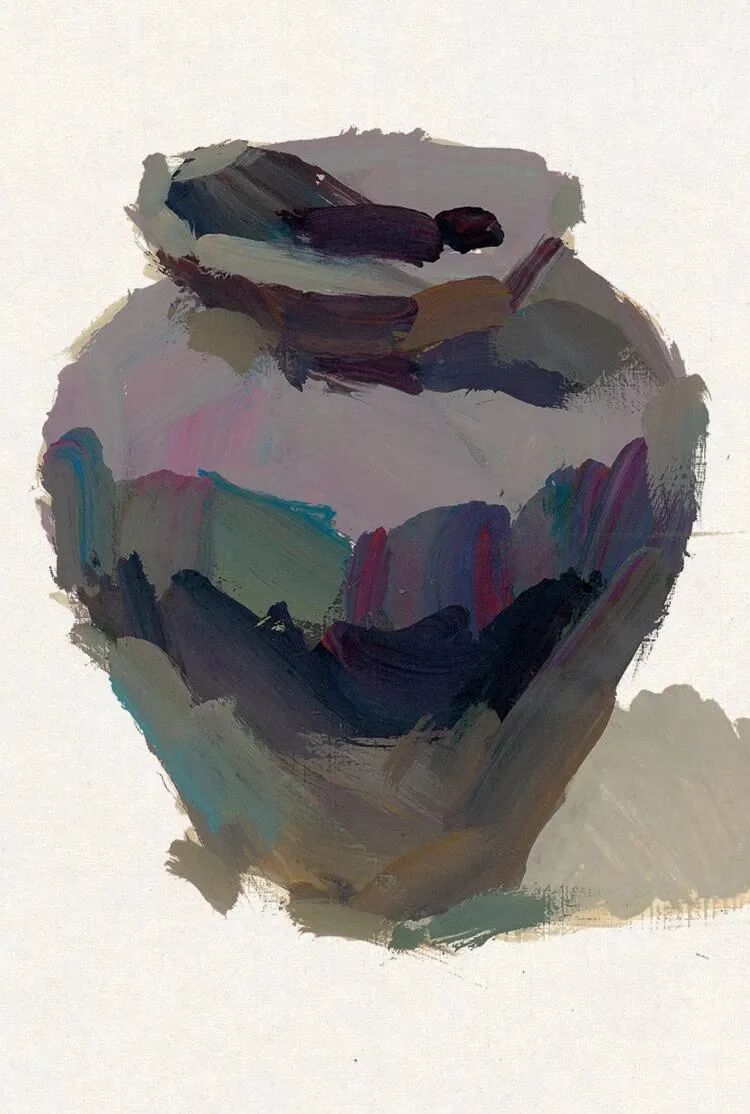 单个色彩静物—陶罐。陶类物品素描关系明确，单高光不会太明显，在画陶